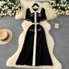 Elegant Slimming Spliced Single-breasted Knit Dresses for Women Lapel Short Sleeves Patchwork Sweater Dress Female