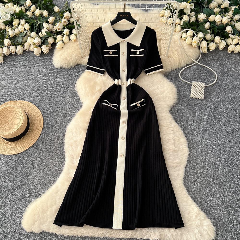 Elegant Slimming Spliced Single-breasted Knit Dresses for Women Lapel Short Sleeves Patchwork Sweater Dress Female