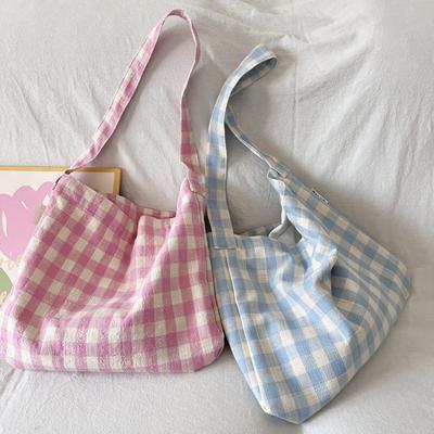 Candy Color Plaid College Girls Crossbody Bags Large Capacity Women's Canvas Shopping Bag Women's Casual Portable Shoulder Bag