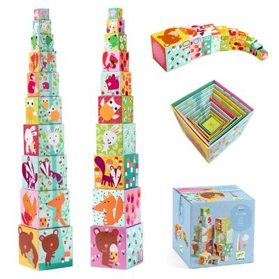 DJECO 10 Forest Blocks Stacking Cubes, Educational Toy for Babies, Large Stacking Blocks, Educational Stacking, Paper Nesting, Durable, Montessori