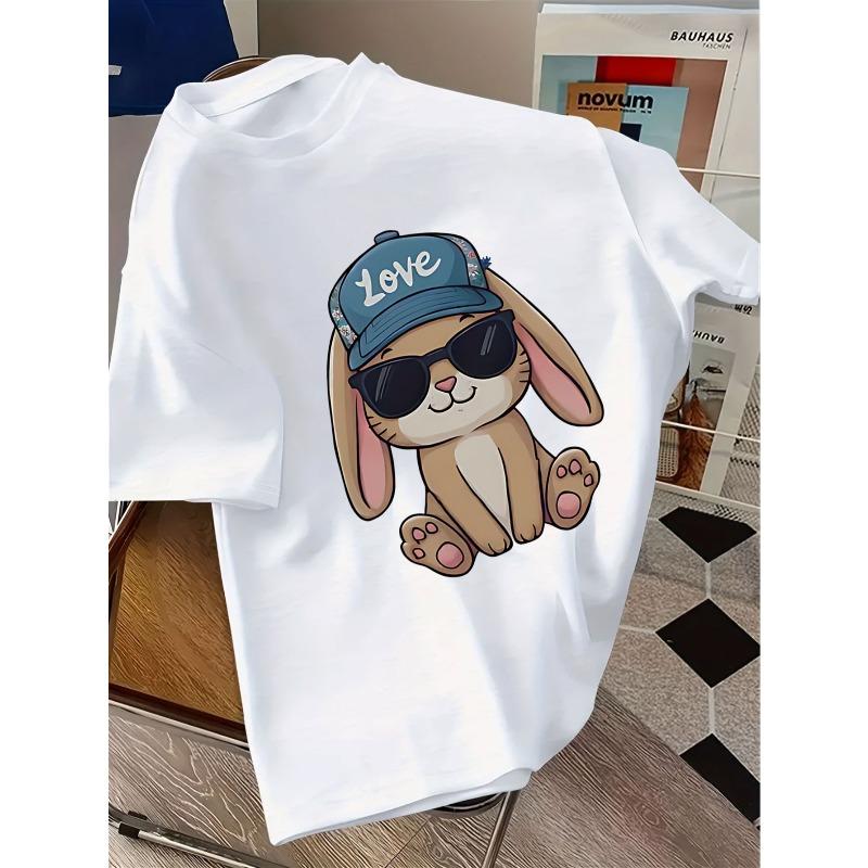 European Sizes Cute Cartoon Rabbit Wearing Fashion Glasses and Baseball Cap Print Short Sleeve T-Shirt