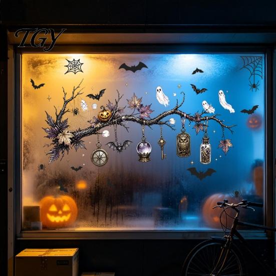 Reusable Transparent Halloween Art 2 Sheets Window Stickers, Bat Spider Web Static Cling Decals, Dark Style Haunted House Decor Ghost Pumpkin