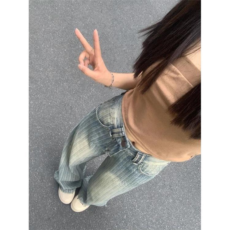 High-Waisted Retro Striped Wide-Leg Jeans - Women's Autumn/Winter Korean Style