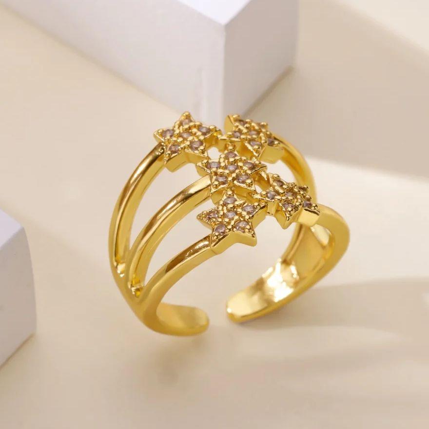 Luxury Zircon Stars Rings For Women  Gold Plated Metal Crystal Star Adjustable Ring Wedding Christmas Fashion Jewelry Gift