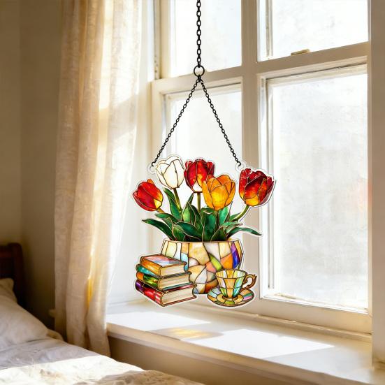 Tulip And Book Sun Catcher Acrylic Flower Suncatcher Window Hanging Decoration for Home Living Room Bedroom Outdoor Decor