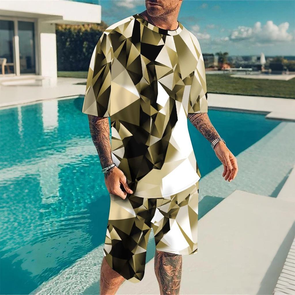Men Gold White Geometric Triangle 3D Print Short Sleeve Tee And Matching Shorts Two Piece Outfit