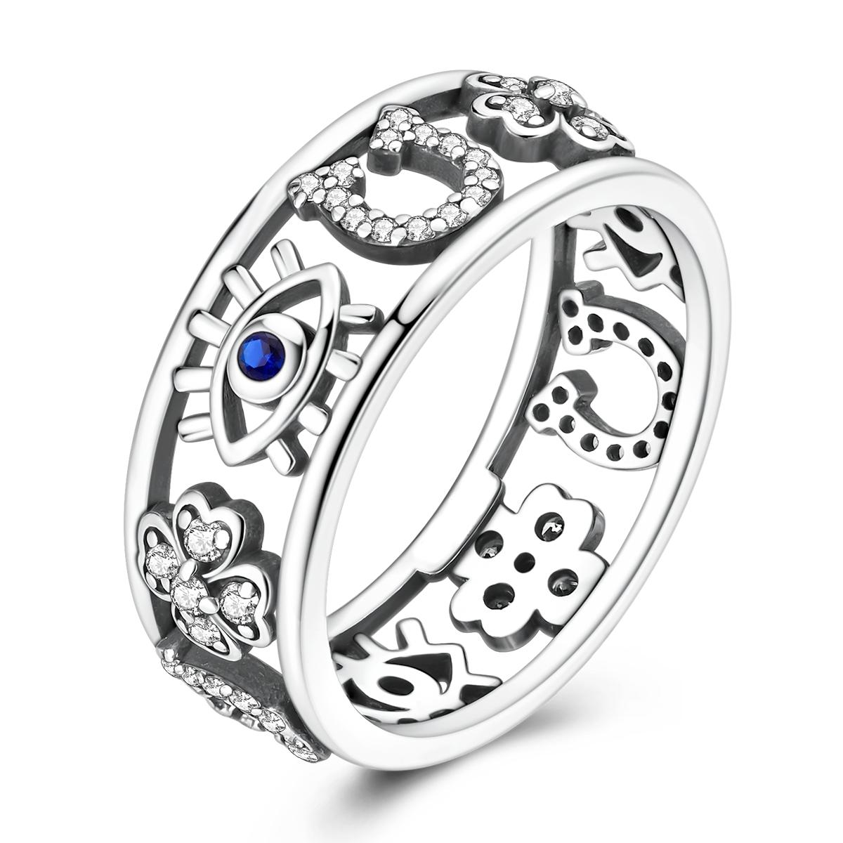 Kupfer Böser Blick Kleeblatt Hufeisen Ring für Damen Blau CZ Eingelegt Vintage Hohl Glücksbringer Feiner Schmuck Geschenk 8 white