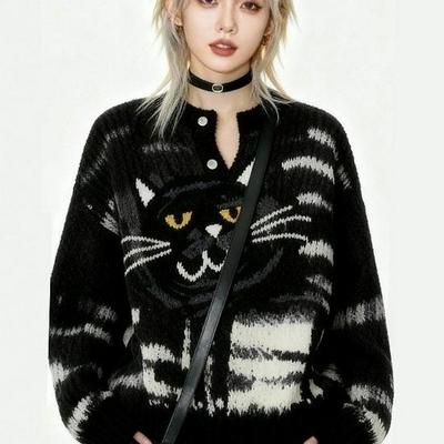 Retro Cat Knit Cardigan: 2026 Autumn/Winter Style for Men & Women - Loose, Lazy Knitwear
