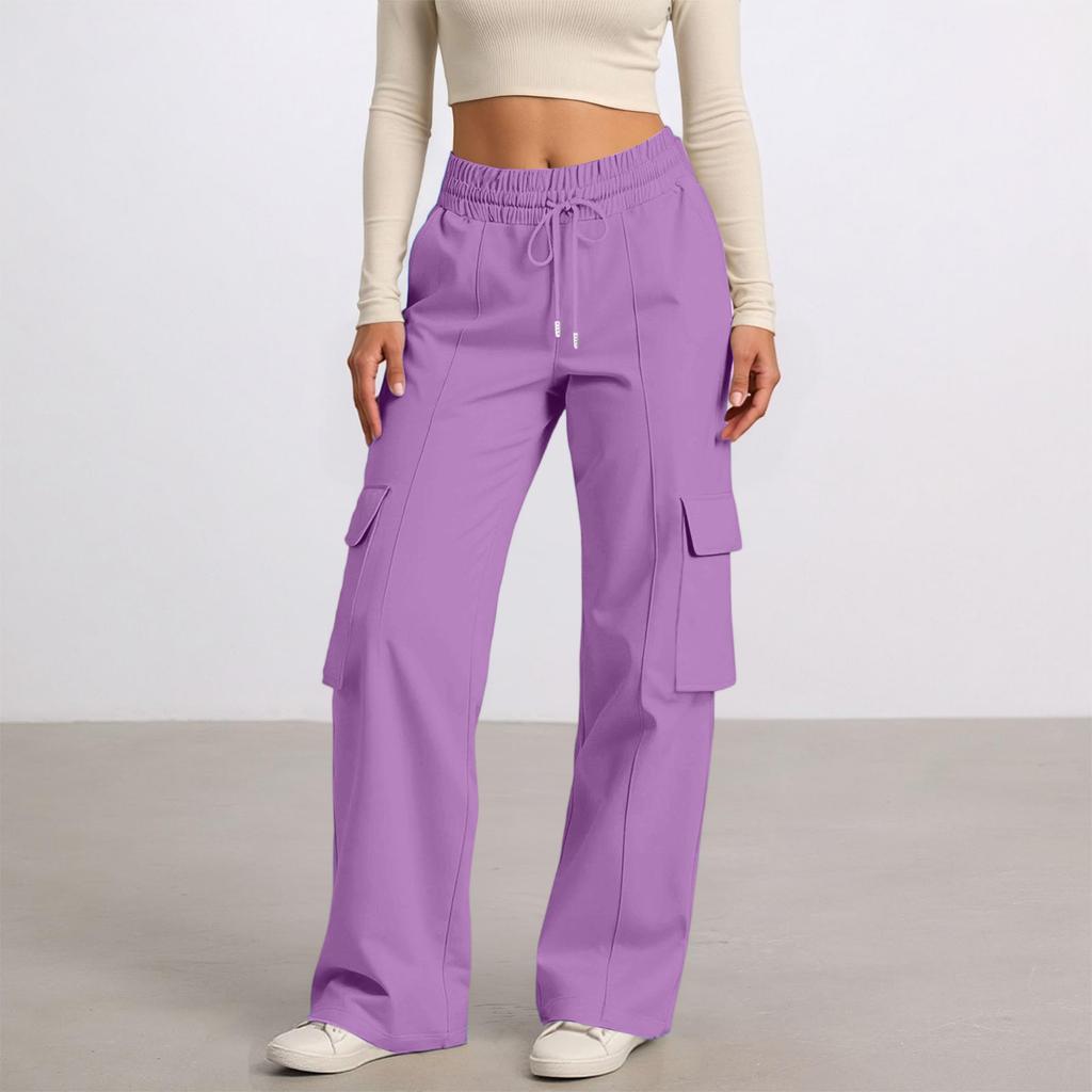 Women's Casual Fashion Solid Color Elastic Waist Drawstring Workwear Wide Leg Pants With Pockets