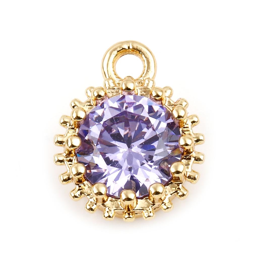2 Piece Copper Birthstone Charms Round Multicolor Cubic Zirconia Gold Color Metal Pendants DIY Making Earrings Jewelry 9mm x 7mm