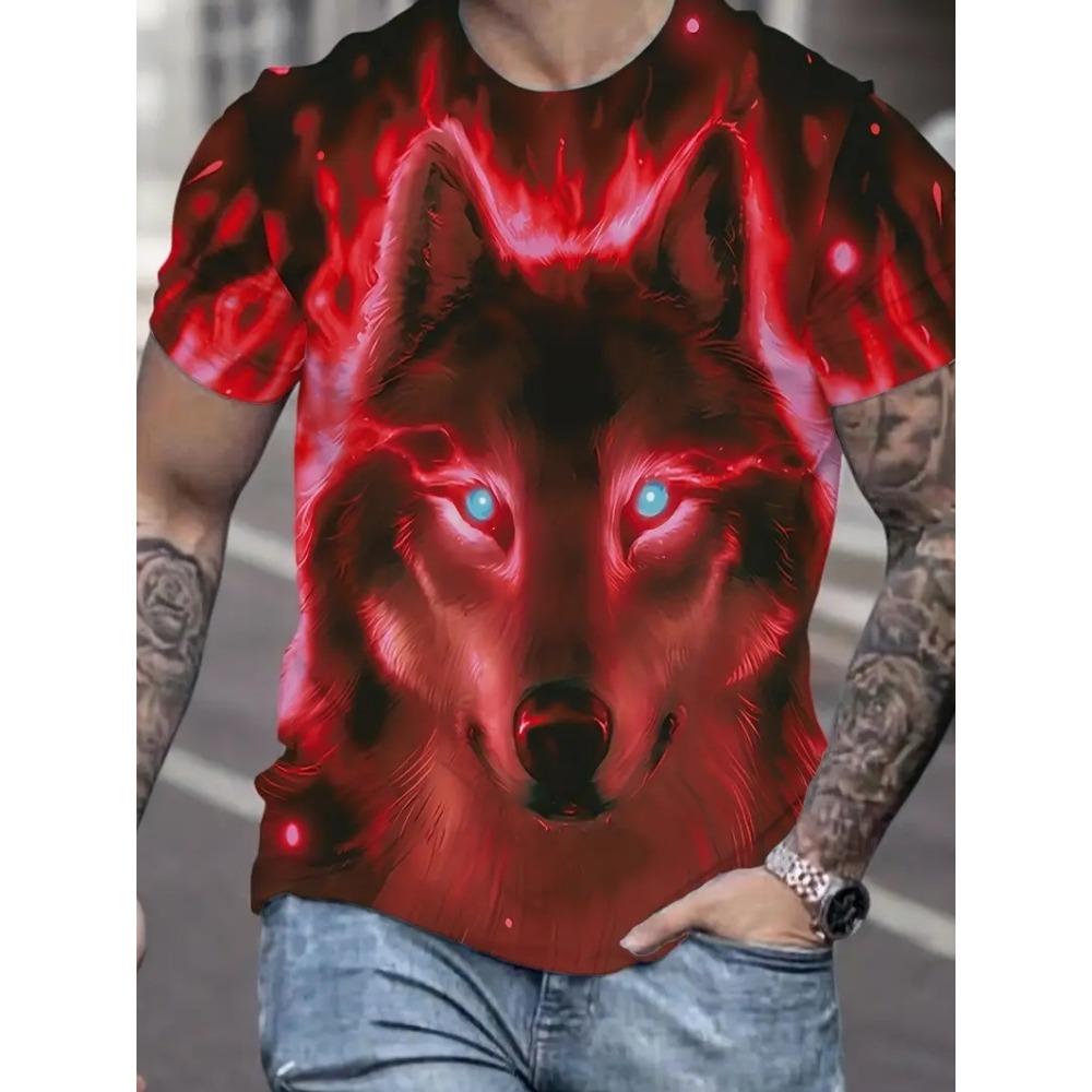 Men 3D Pattern Fire Wolf Graphic Print T-Shirt Summer Oversized Causal T-Shiet Men's Fashion Fitness Short Sleeve Clothing Tops