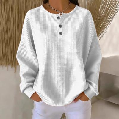 Damen Oberteile Rundhals Knöpfe Dekor Langarm Pullover Oberteile Einfarbig Waffelstrick Texturierte Bluse Alltagskleidung