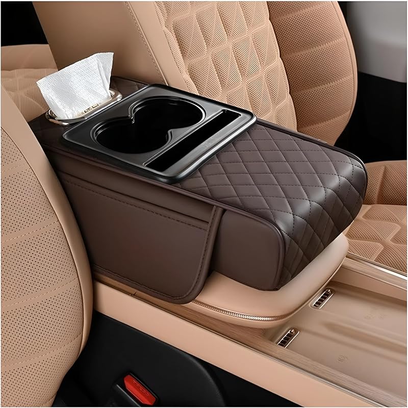 Car Center Console Armrest Pillow, Memory Foam Leather 4 In 1 Vehicle Arm Rest Cover With Tissue Box 2 Side Storage Bag Cup & Phone Holder, Auto