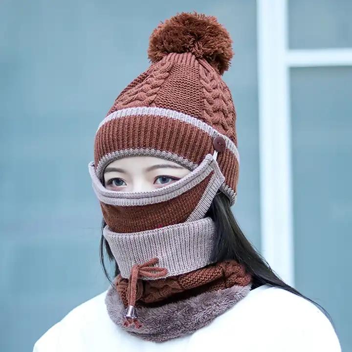 Fashionable Custom Female Warm Pom Pom Beanie Knitted Hat and Scarf Women Winter Hats Sets