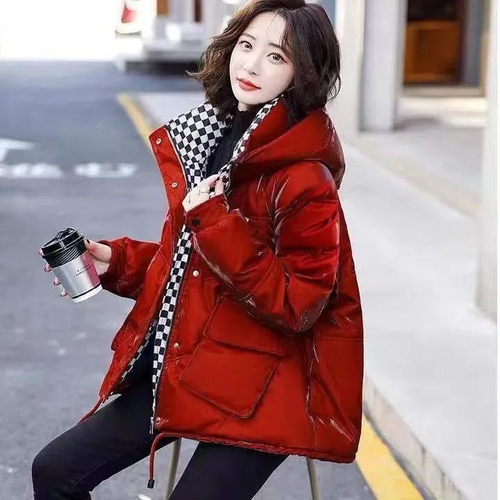 Shiny Disposable Large Size Padded Jacket Women's Short Loose Plaid Padded Jacket Winter Thick Warm Padded Jacket Tide