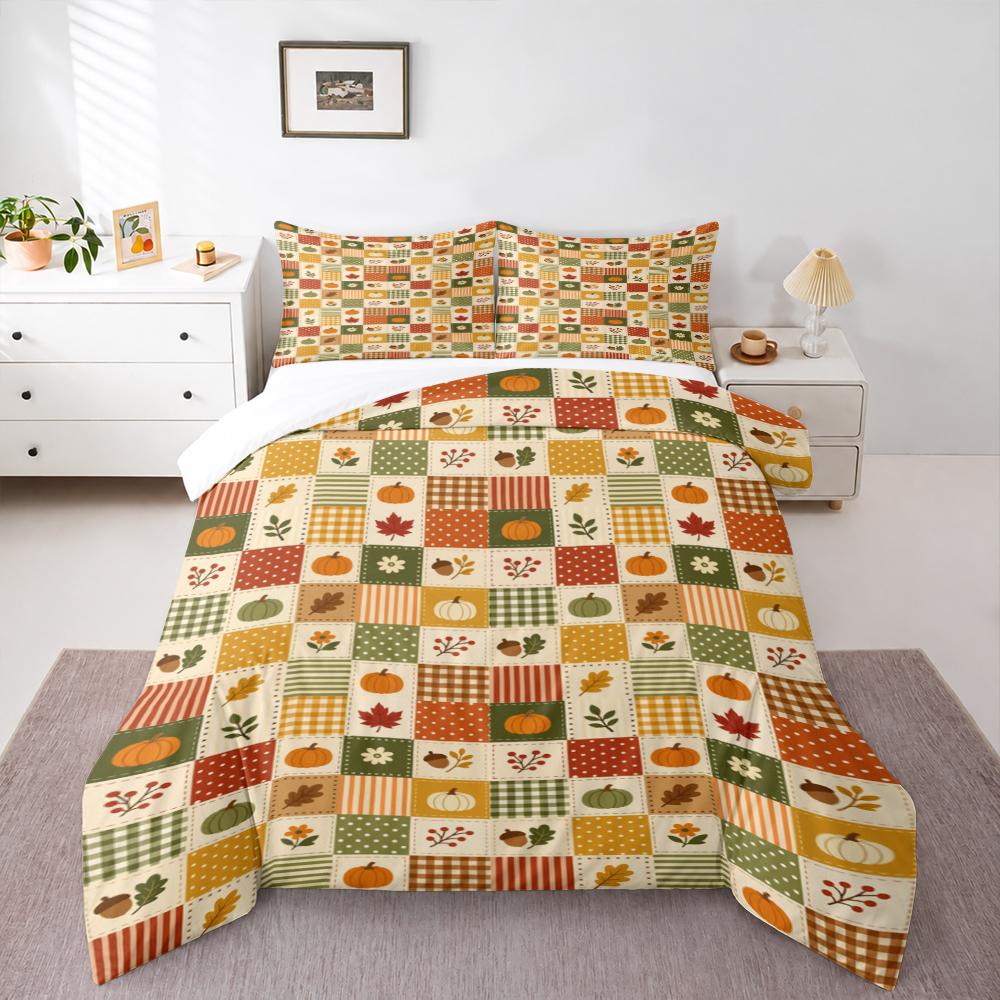 Autumn Patchwork Design Bedding set with Pumpkins Bedding set (1 duvet cover, 2 pillowcases, duvet not included).