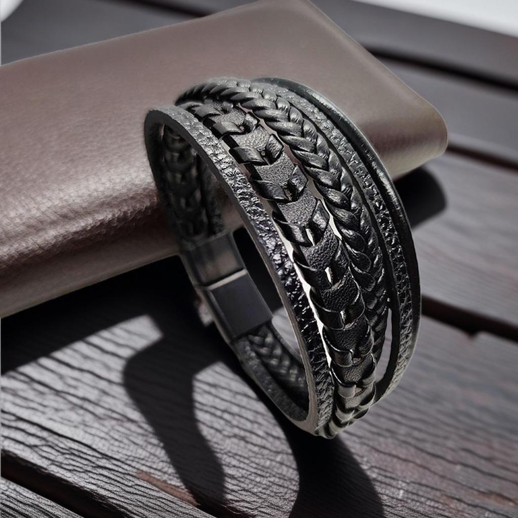Herrars Vintage Flerlagrigt Läderarmband med Magnetlås