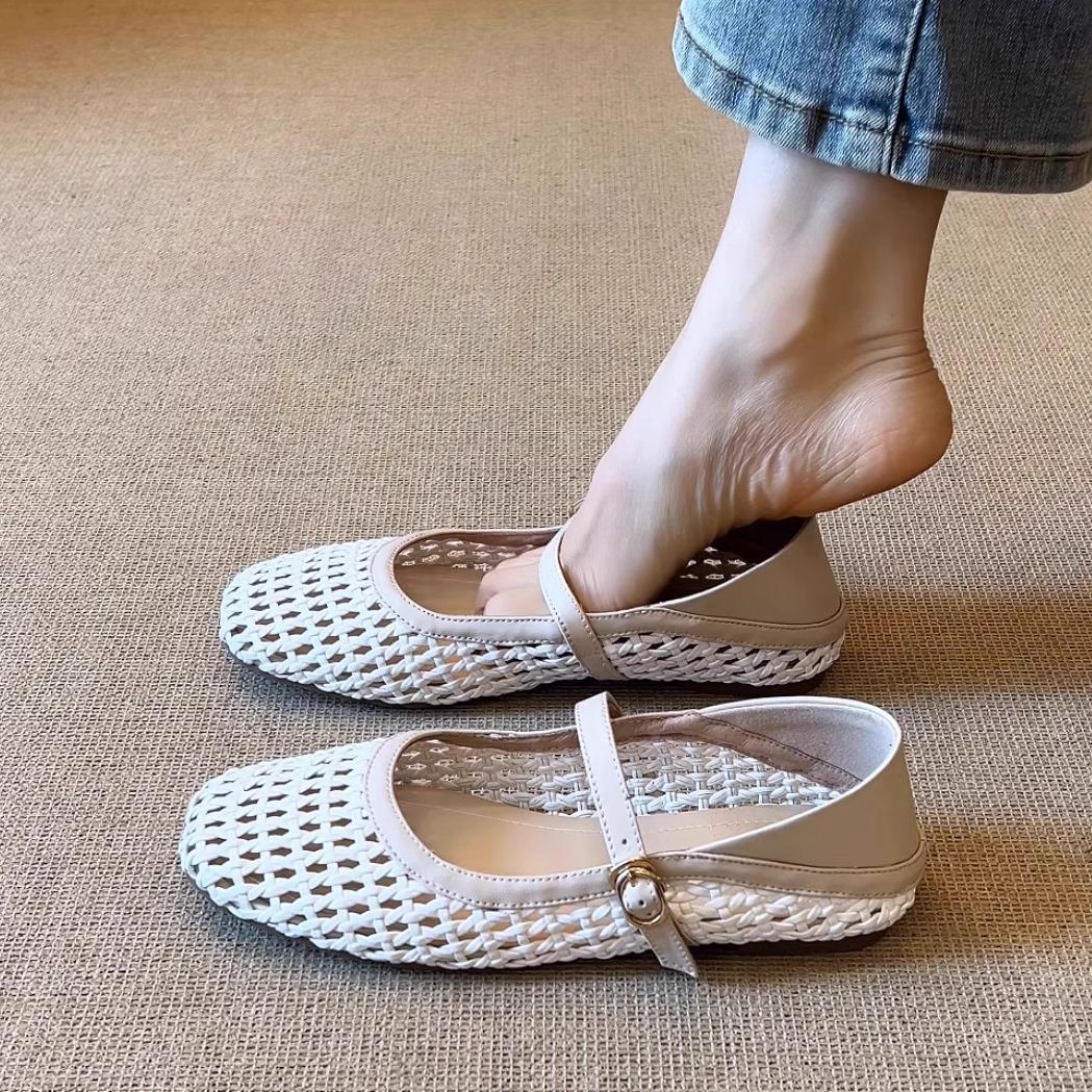 

Туфли-сетка из плетеной овчины, женские летние сетчатые туфли Мэри Джейн на плоской подошве, прохладные одинарные туфли 37