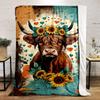 Highland Cow with Sunflower Crown warm quilt- Flannel blanket for bedroom, living room, sofa, and nap.
