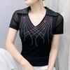 Women New Fashion European Summer Bling T-Shirt Clothes Sexy V-Neck Short-Sleeve Casual Tees Shiny Hot Diamonds Mesh Slim Tops Blouse