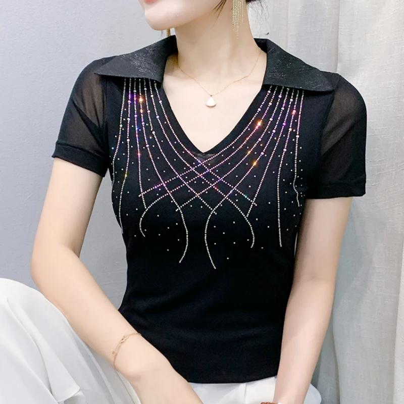 Women New Fashion European Summer Bling T-Shirt Clothes Sexy V-Neck Short-Sleeve Casual Tees Shiny Hot Diamonds Mesh Slim Tops Blouse