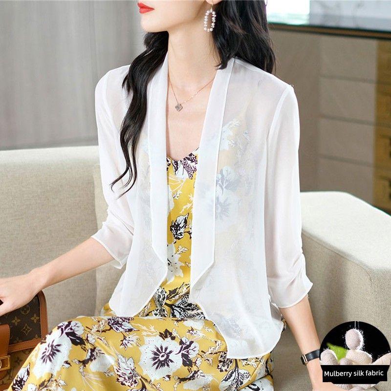 

Silk Sun Protection Clothing Women s Thin Cardigan Shawl Summer with Overall Dress Outdoor Air Conditioning Blouse Blazer White 3XL