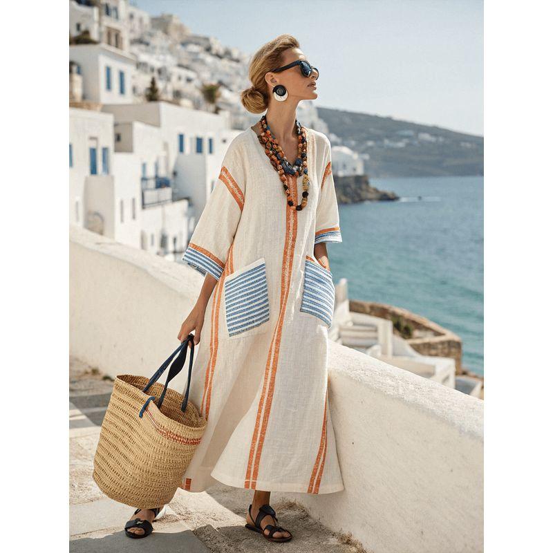 

Large Size Dress Summer New European and American Cross-Border Elegant Plus size Print Long Big Hemline Dress Women Blue + Orange L