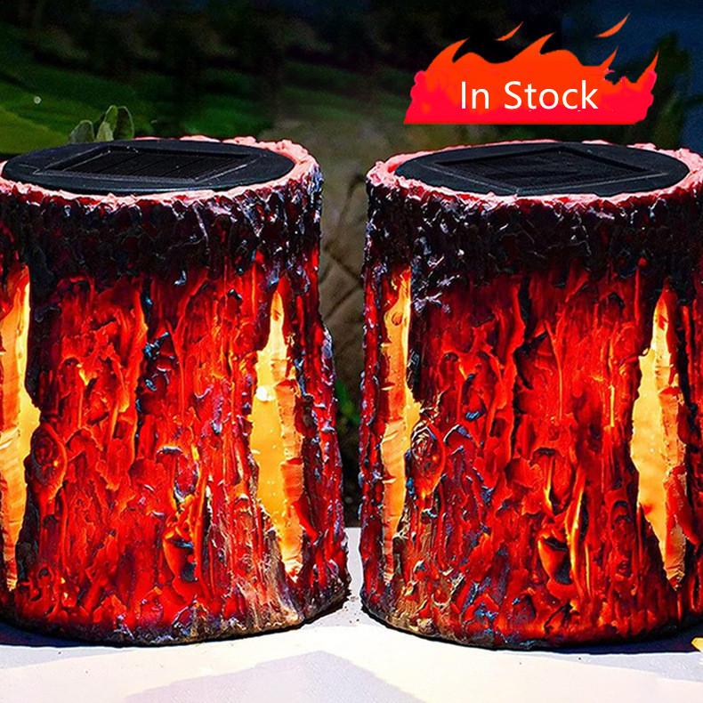 Lumini de lanternă Stump On Fire, lumini de lanternă cu flacără pâlpâitoare, iluminat de peisaj alimentat cu energie solară pentru decorarea grădinii