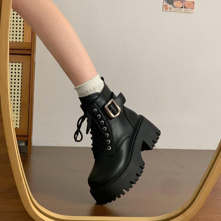 

British style platform Martin boots autumn and winter new small thick heel heightened velvet lace-up short boots 35