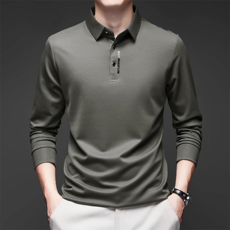 Camisa nueva de manga larga para hombre de negocios casual con insignia, polo de color sólido, moderna, transpirable, cómoda, versátil