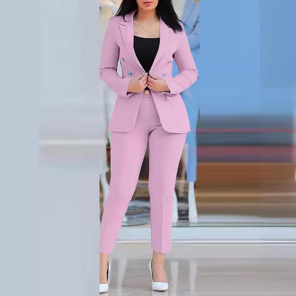 Kadın Kruvaze Takım Seti, Dar Kesim Pantolonlu, Profesyonel Blazer ve Pantolon Takımı