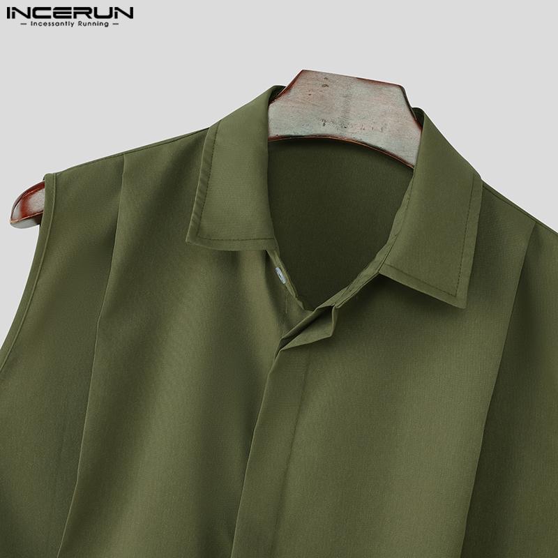 INCERUN Men Lapel Neck Sleeveless Solid Lace-up Casual Shirts Tank Tops