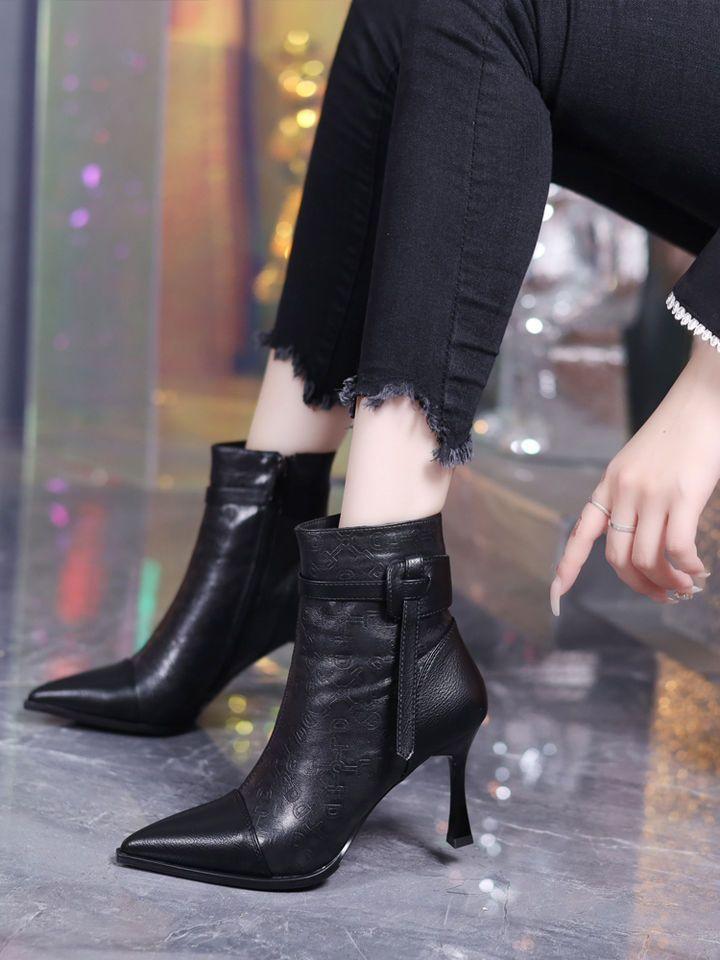 Khaki Pointed High-heeled Short Boots Women's Autumn and Winter 2025 New Design Belt Buckle Splicing Thin Heel Thin Boots