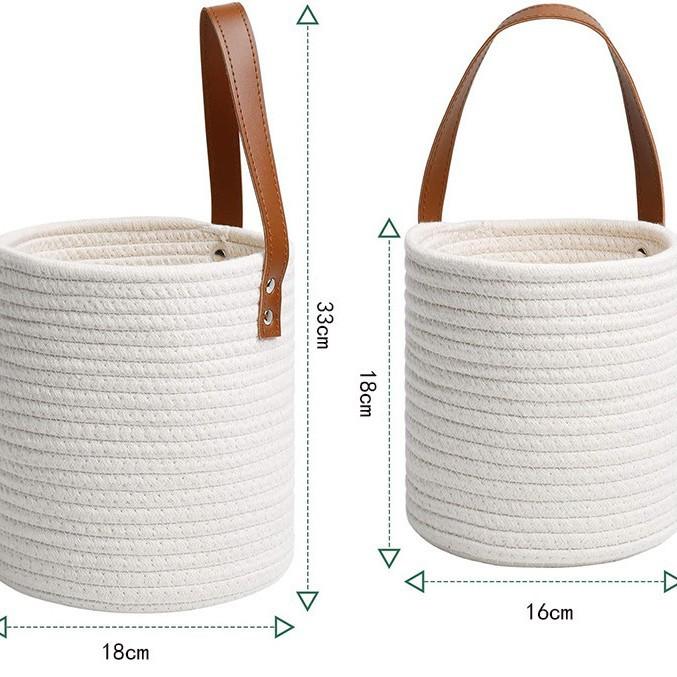 Hanging Cotton Rope Storage Basket Boho Woven Wall Basket with Leather Handle for Plants Towels Toys Rustic Home Decor Organizer