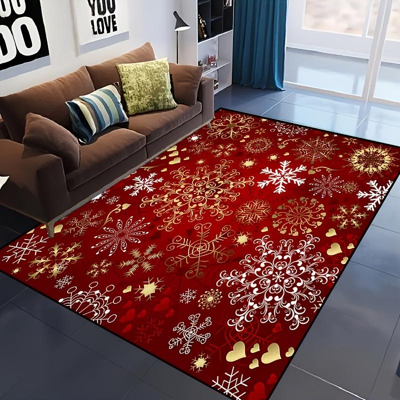 1pc Christmas Snowflake Area Mat - Red with Golden & White Snowflakes, Non-Slip Machine Washable Mat for Living Room, Bedroom,