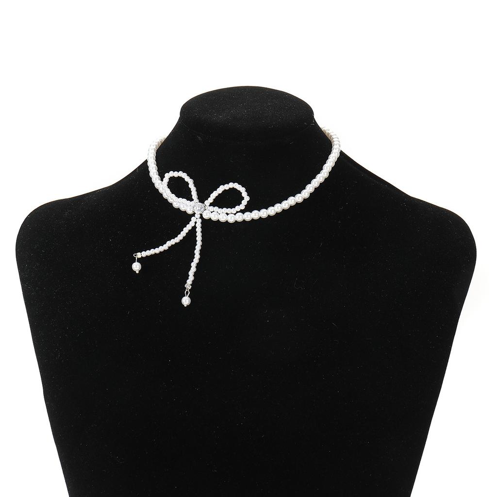 Fashion Trend Full of Pearl Fringed Temperament Necklace with Diamonds Bow Super Fairy Collarbone Chain