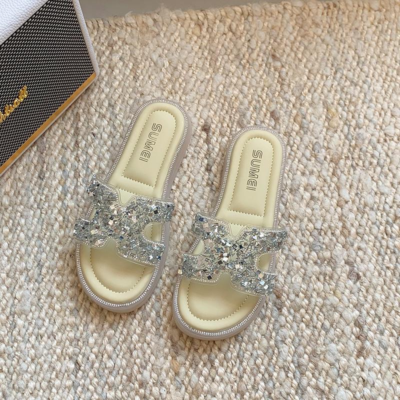 

Rhinestone thick-bottomed cool slippers for women s summer wear, new with skirts, seaside beach slips 40