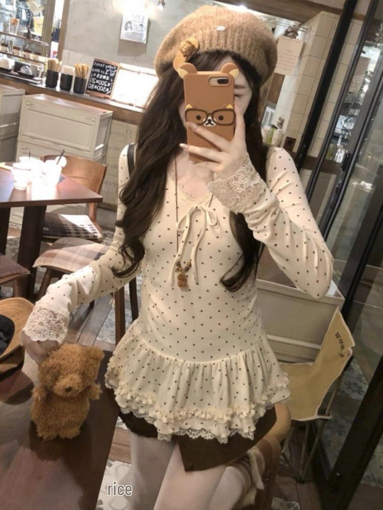 260g Cotton Modal Lace Polka Dot Long Sleeve Slim Fit Women's T-Shirt