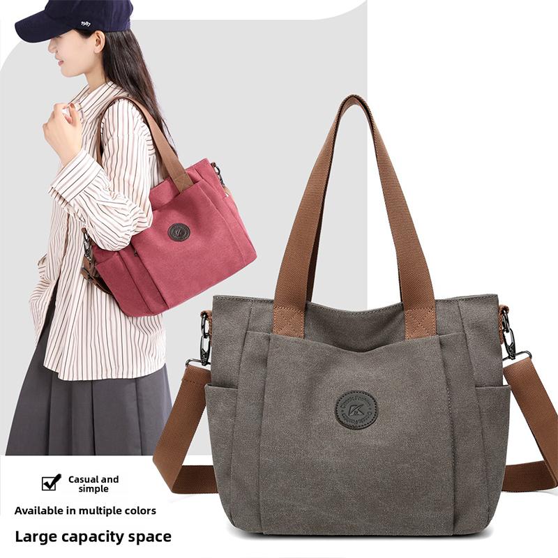 Fashi Canvas Women Handbag Large Capacity Minimalist Shoulder Bag Multi Pocket Zipper Crossbody Bag Student Commuter Tote Bag