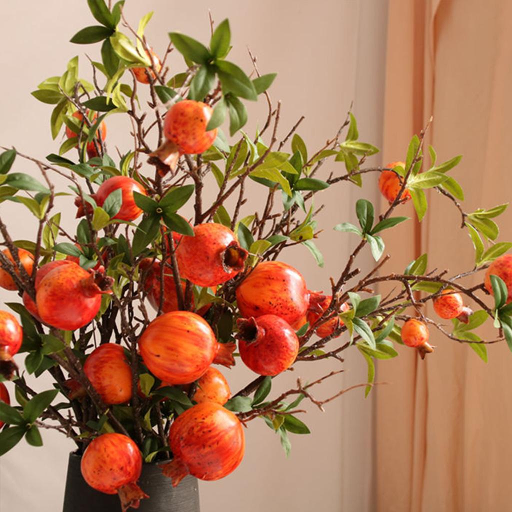 6 Head Artificial Pomegranate Branch Stem Faux Fruit for Vase Realistic Faux Pomegranates Tree Branch for Decoration