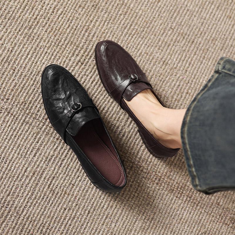 Krazing Pot Sheepskin Round Toe Thick Med Heels Spring Shoes Slip On Big Size 42 Loafers Women Pleated Beauty Pumps