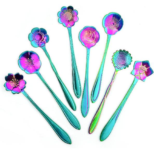 8 Pieces Rainbow Flower Spoon Coffee Teaspoon Set, Stainless Steel Reble Cute Tea Spoon for Drink Mixing Milkshake Jam, 8 Different Patterns