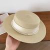 Women Sun Hat Breathable Wide Brim Flat Top French Style Straw Woven Hat with Ribbon Faux Pearls Decoration Summer Outdoor Hat