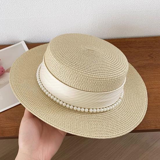Women Sun Hat Breathable Wide Brim Flat Top French Style Straw Woven Hat with Ribbon Faux Pearls Decoration Summer Outdoor Hat