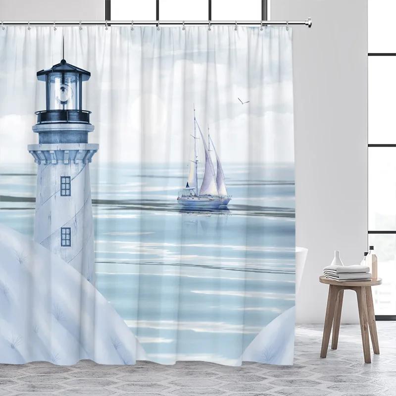 

Blue Ocean Lighthouse Shower Curtains Vintage Boat Seagull Sea Waves Watercolour Art Modern Bathroom Curtain Decor With Hooks 90x180cm-35x70in