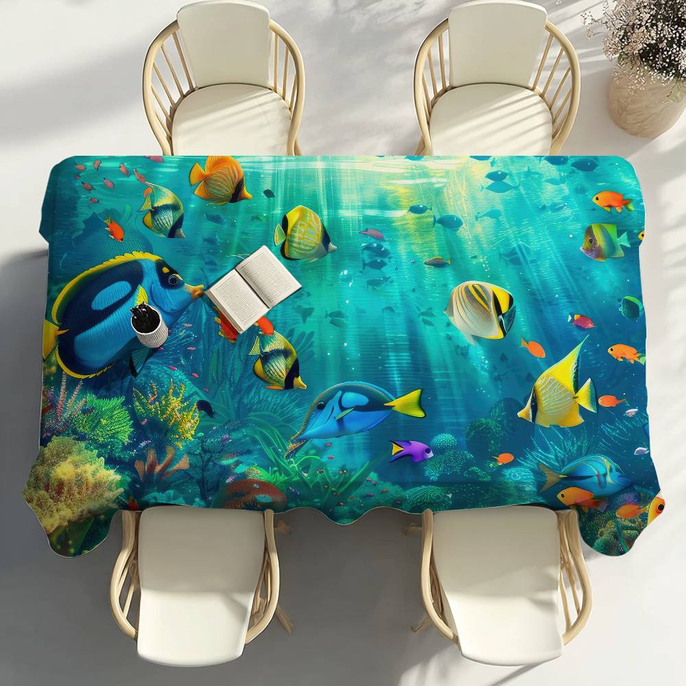 Sea World Fishes Table Cloth Party Decor Dining Room Home Kitchen Patios Waterproof Stain-Proof Table Cloth