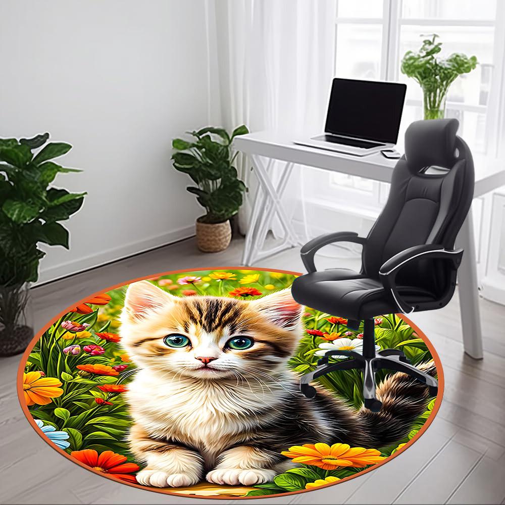 1pc Cat Flowers Office Round Rug, Carpet for Office, Gaming, Lightweight Round Floor Mat Yy260205021