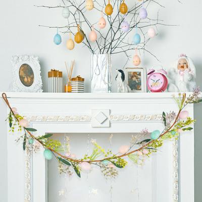 Ostergirlande Künstliche Eiergirlande mit Lammohren Blättern für Frühling Kaminsims Kamin Fenster Wand Innen Außen Dekor