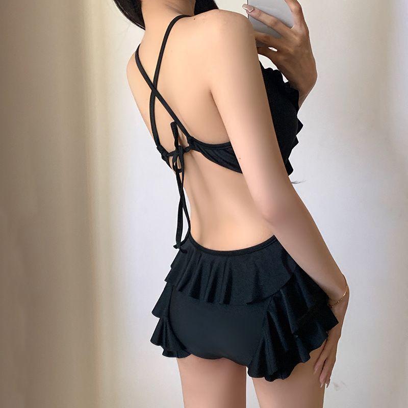 Womens Black Halter Neck V-Neck Ruffled Waist Cinched Modest One-Piece Swimsuit Swimming Water Sports