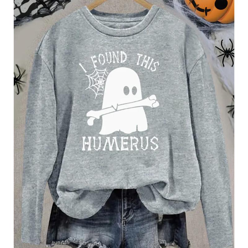 

2025 Autumn & Winter Women s New Casual Crew Neck Long Sleeve Top 3D Halloween Pattern XS серый